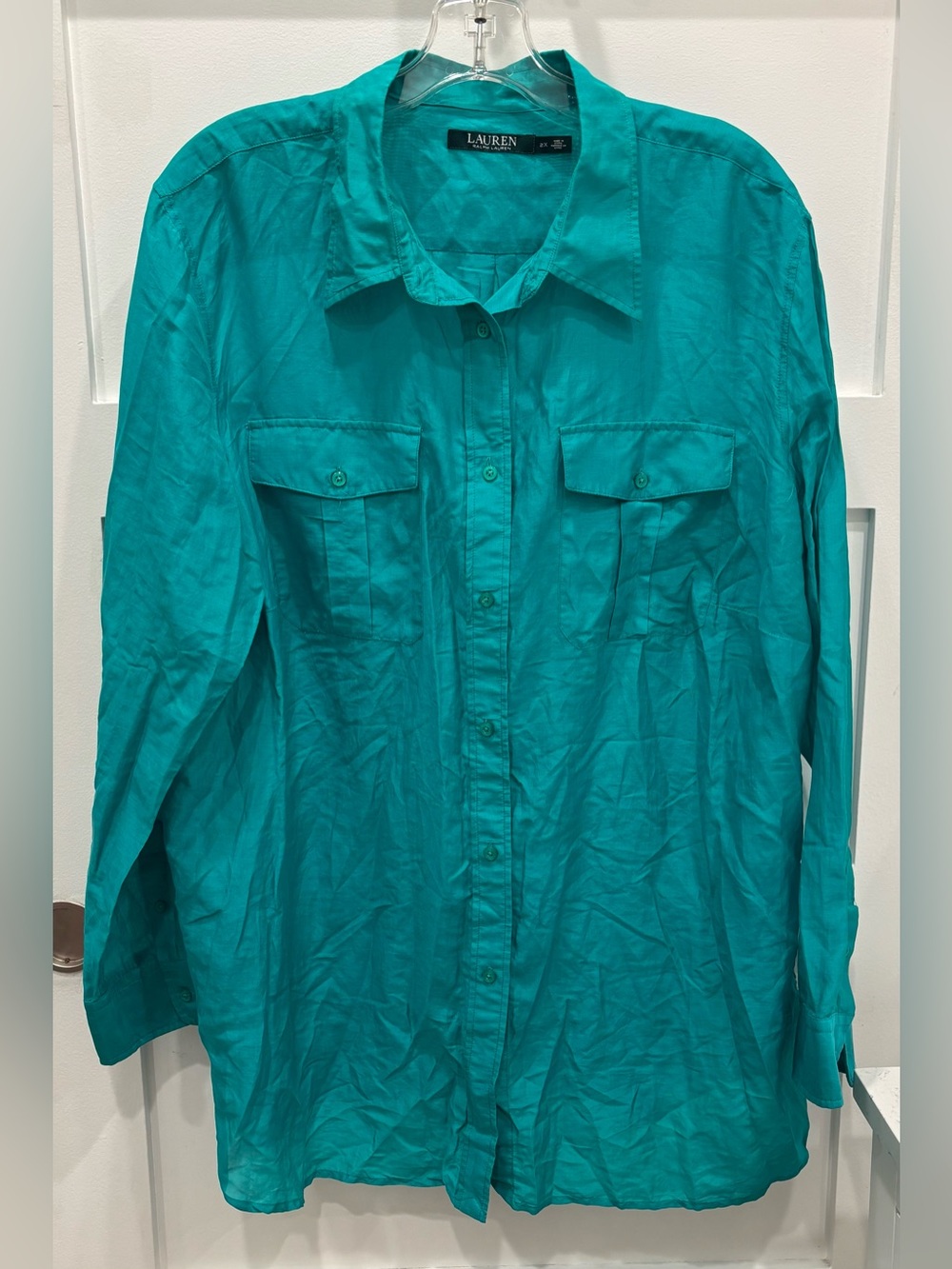 Lauren Ralph Lauren Teal Button-Front Silk Cotton Blend Lightweight Shirt